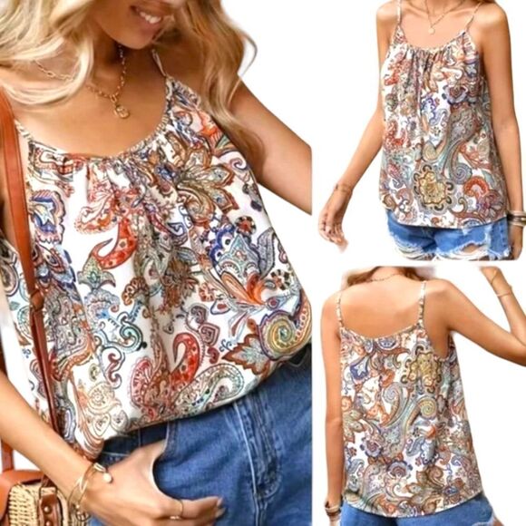 OYOANGLE Women's Paisley Print Spaghetti strap Sleeveless Bo-Hoo Summer Tank - Picture 2 of 16